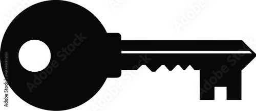 A black key silhouette viewed from the side showcasing its round head and toothed blade
