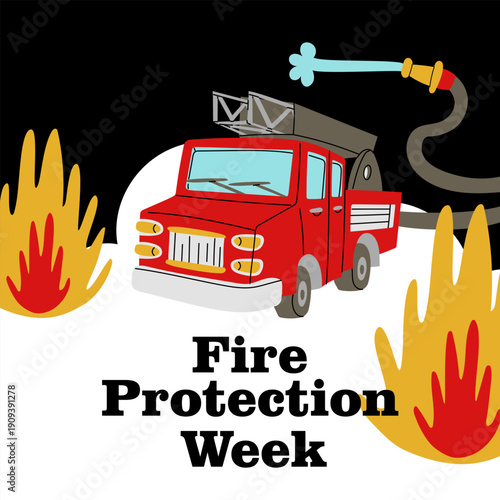 Fire Protection Week square banner with truck and water hose. Flat vector illustration for professional holiday posters, rescue service social media, firefighting safety or educational projects