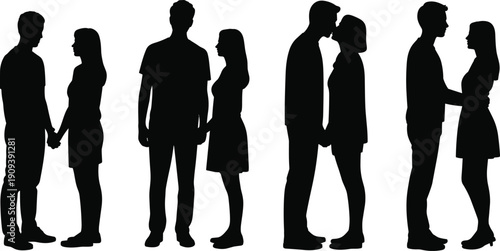 Romantic couple silhouette set, man and woman standing together holding hands, hugging and kissing poses, black love relationship vector illustration isolated on white