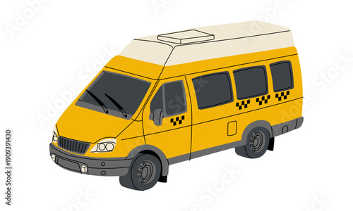 Yellow taxi minibus isolated on white background. Flat vector illustration of city shuttle van for public transport service, urban travel blog, passenger transfer or automobile design projects