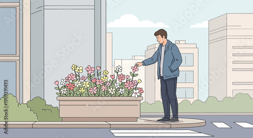 Man Admiring Flowers in Urban Planter Box