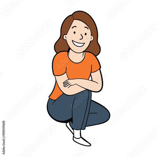 A serene woman sits, hugging her knees close, a gentle smile lighting her face, radiating warmth, comfort, and quiet contentment in a peaceful moment.
