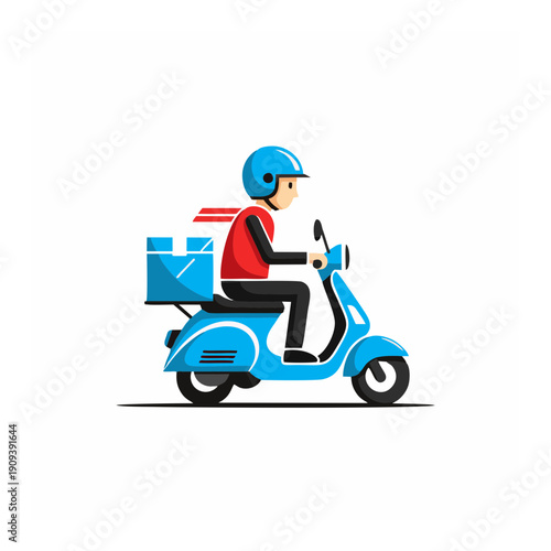 Delivery person riding a scooter with packages, viewed from the side, in a urban setting, vector illustration