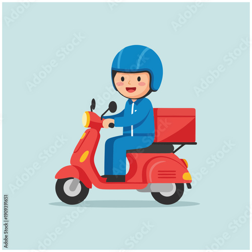 Delivery person riding a red scooter with a large box attached, viewed from the side in a simple environment