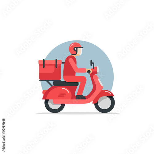 Delivery person riding red scooter with packages viewed from side
