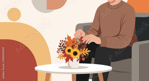 Man arranging autumn flowers in vase, cozy interior, abstract shapes background