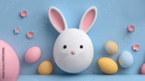 Cute 3D White Easter Bunny Face with Flowers on Blue Background
