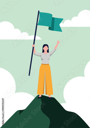 Woman triumphantly standing on mountain peak with flag, celebrating success
