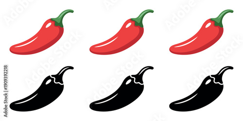 Red and Black Chili Pepper Silhouette Set featuring a variety of hot pepper shapes in bold solid colors, perfect for spice levels, restaurant menus, and culinary branding.
