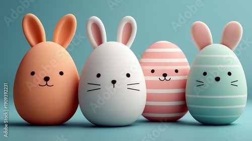 Row of Four Patterned 3D Bunny Eggs on Teal Background