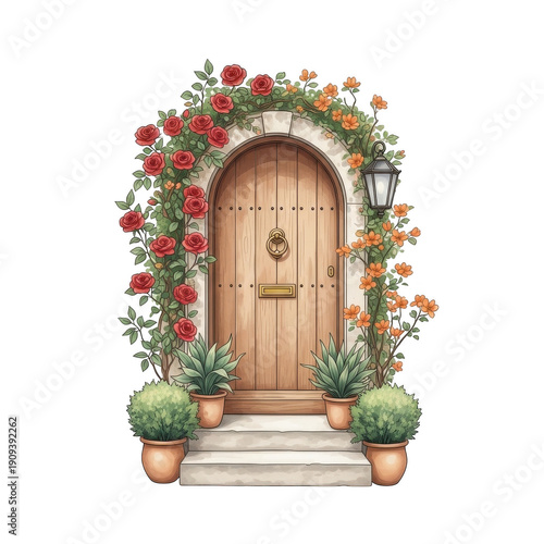 Vintage wooden door with floral arch and potted plants isolated on transparent background