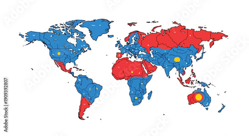 World map showing political divisions and population distribution with red and blue colored regions and yellow dots