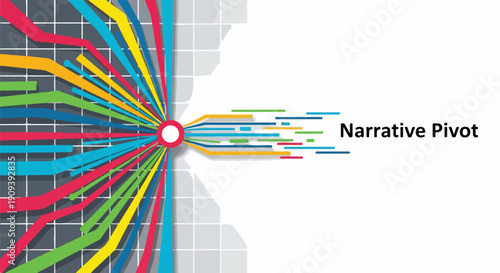 Abstract visualization of data flow, narrative pivot, and information convergence with colorful lines and grid background