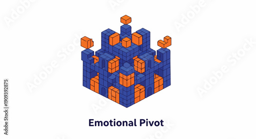 Abstract 3D isometric building structure made of blue and orange blocks, representing emotional pivot