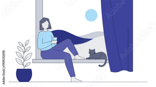 Woman relaxing by a window with her cat, enjoying a quiet moment at home