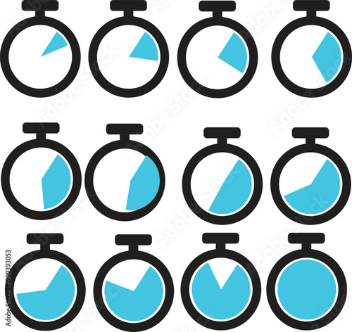 Set of minimal stopwatch progress icons in a clean flat vector style. Circular timer symbols with different completion percentages, using fresh green color segments inside black outline stopwatches. M