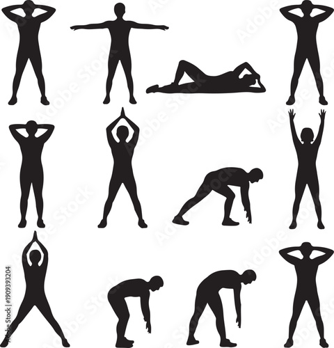 black silhouettes of people doing various yoga poses and stretches