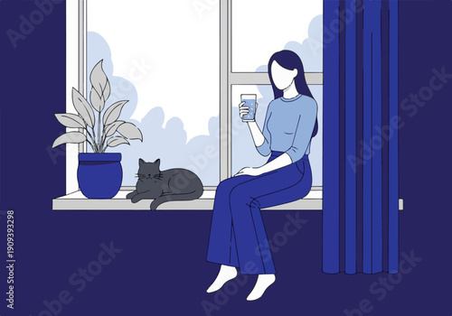 Relaxed woman sits on windowsill with cat and plant, drinking water