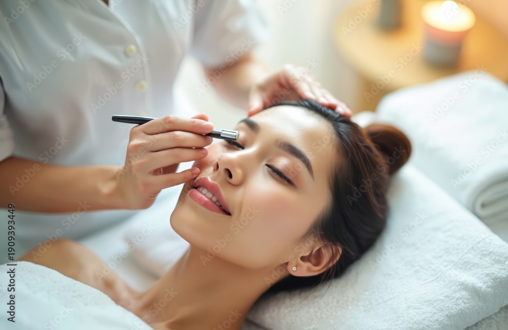 Fototapeta premium Woman receives eye treatment with professional tool at beauty salon. Skincare procedure involves gentle touch for facial rejuvenation. Esthetician works on client for pore cleansing and skin health.