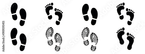 Human Footprint and Shoe Print Silhouette Set featuring a comprehensive collection of bare feet and various footwear impressions, ideal for forensic education, tracking, and directional signage.