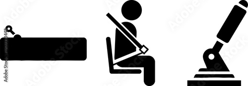 Automotive Controls and Safety Icons Set. Seatbelt, Ignition, and Gear.