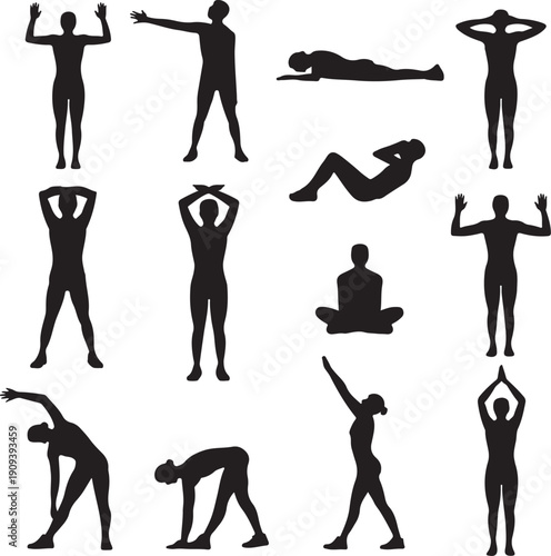 black silhouettes of people doing yoga poses and exercises on white background