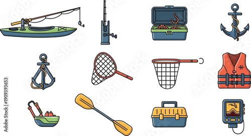 Collection of fishing equipment and water sports gear including kayak rod net anchor life vest tackle box and fish finder