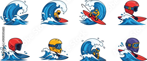 Collection of surfers riding blue waves with different colored helmets and boards on a clear background