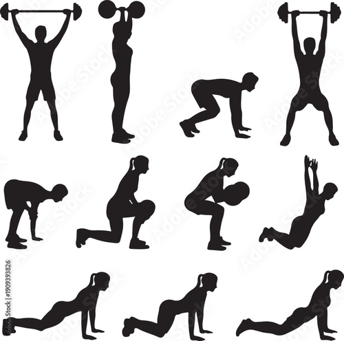 black silhouettes of people exercising with weights and bodyweight on white background