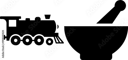Train and Mortar and Pestle Icon Set Black Vector Graphic