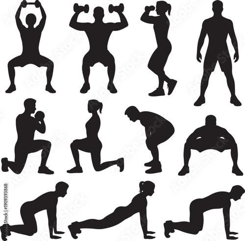 black silhouettes of people exercising with dumbbells and bodyweight