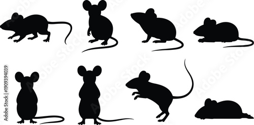 Set of mouse silhouette icons, black rat vector collection in different poses, isolated on white background, animal pest outline illustration design