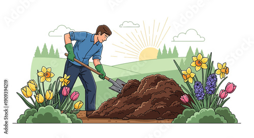 Gardener Digging Compost Pile Surrounded by Spring Flowers and Sunrise