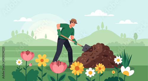 Gardener digging compost pile surrounded by spring flowers, sunny day, rolling hills background