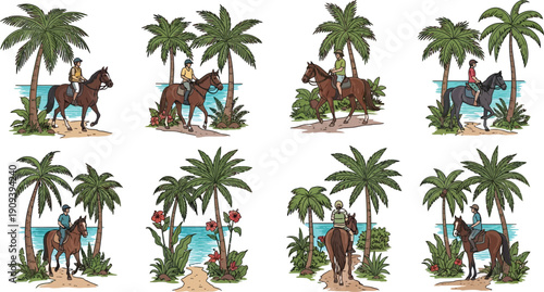 Horseback riding on beach collection with palm trees people riding horses near tropical sea coast flat vector artworks