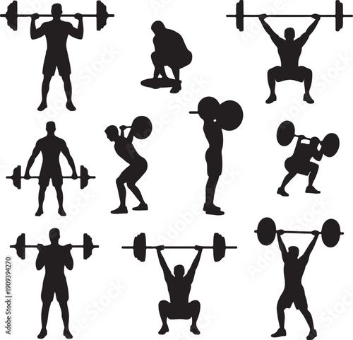 Black silhouettes of people lifting weights in various positions and exercises