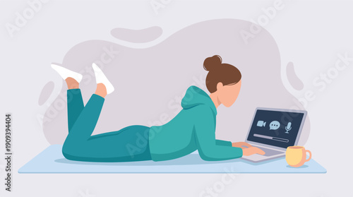 Person relaxing at home using a laptop for online video call or study