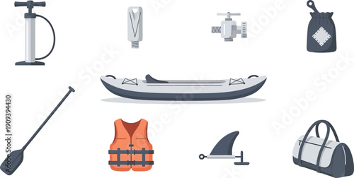 Inflatable kayak and water sports equipment including pump paddle life vest dry bag and boat accessories