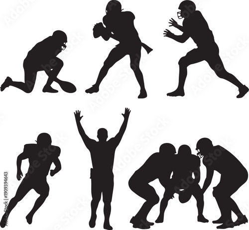 American football players in various poses and actions on white background
