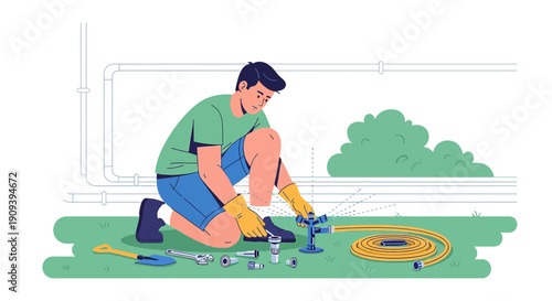 Gardener Installing Sprinkler System with Hose and Tools on Lawn