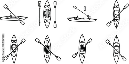 Kayaks and paddles, water sports equipment, outline drawing for recreation and adventure
