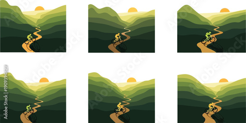 Minimalist mountain biking landscape with cyclist riding winding road during sunrise or sunset in green hills