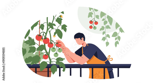 Gardener Picking Ripe Tomatoes from Balcony Plant - Flat Illustration