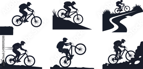 Mountain bike silhouette collection featuring riders performing stunts jumping and downhill cycling on rugged terrain