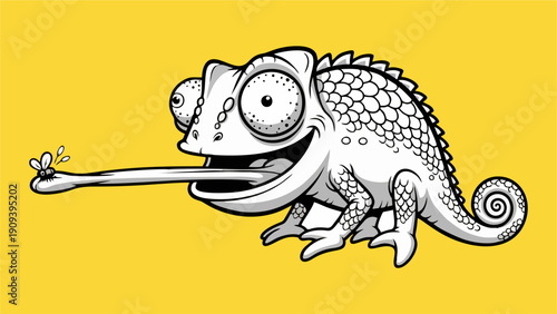 Funny Cartoon Black and White Chameleon Catching a Fly with Long Tongue on Yellow Background
