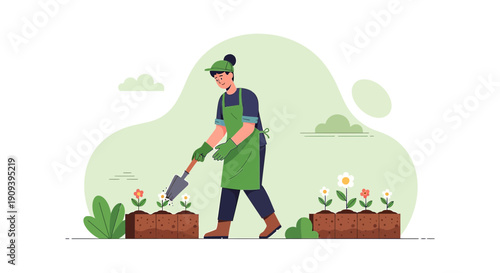 Gardener planting flowers in garden, spring gardening, illustration, flat design