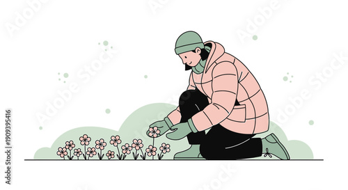 Gardener Planting Flowers in Winter Flat Illustration