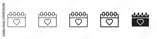 Calendar heart icons in black outline, solid and colored style