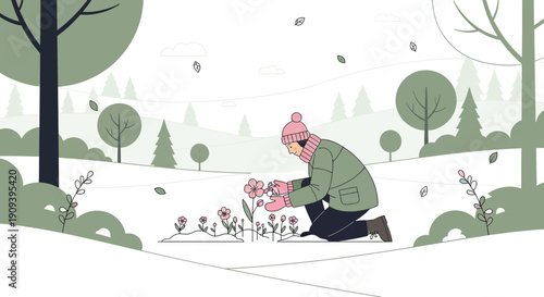 Gardener planting flowers in winter landscape, minimalist illustration