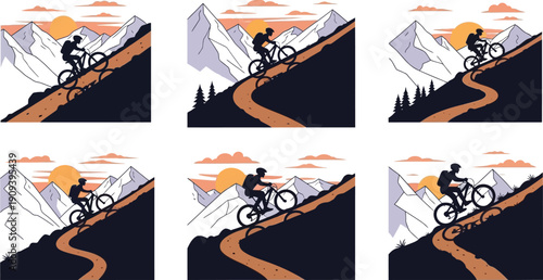 Mountain biking on steep dirt trail, silhouette of cyclist against sunset sky and rocky peaks, extreme sport